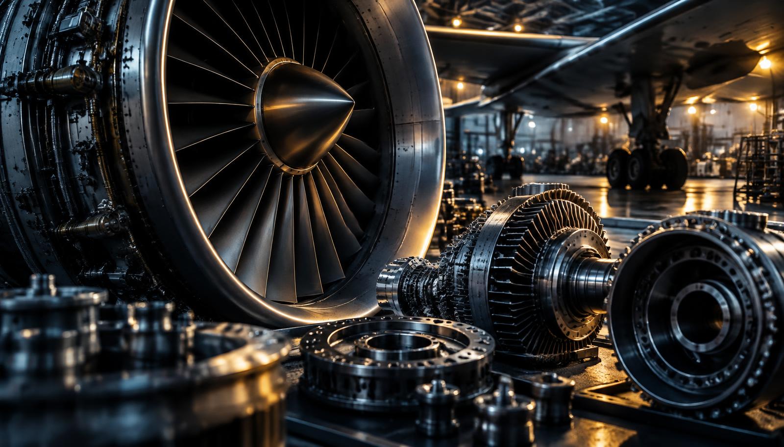 Aircraft engine components in a hangar